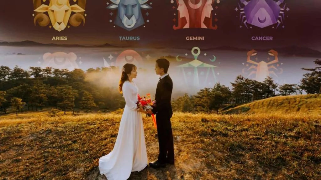 Bride and groom standing in a field at sunrise with zodiac signs